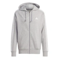 ADIDAS Essentials French Terry 3-Stripes Full-Zip Felpa Uomini - Grigio Chiaro, Bianco